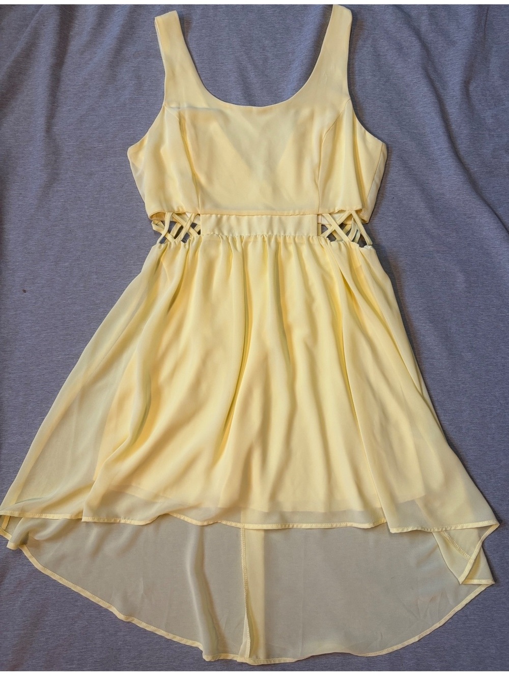 LUSH Yellow Chiffon Dress Large Lace Up Waist Cutout Flowy High Low Sundress